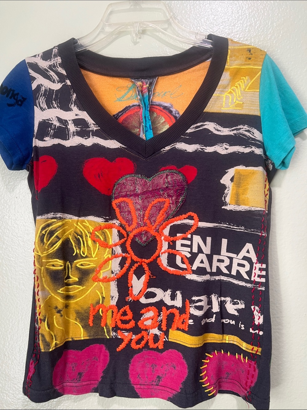 Desigual Black Multi Graphic V-Neck Tee with Bright Accents